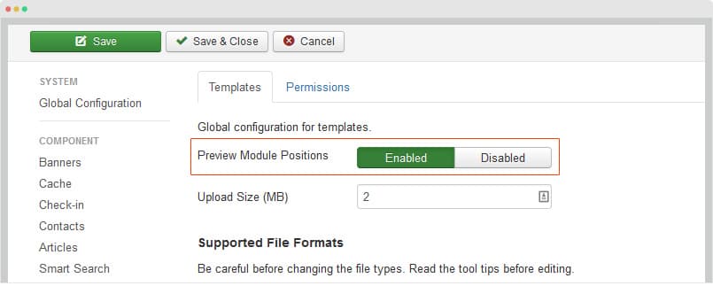 启用 Joomla 预览位置
